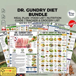 May include: A collection of printable Dr. Gundry diet resources, including meal plans, food lists, and a nutrition guide. The bundle features a meal plan overview, a master food list, and a grocery list. Available for instant download in A4, A5, and US Letter sizes.