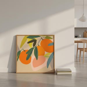 Still Life Citrus, Vibrant Orange and Green, Kitchen Poster, Square Art Print