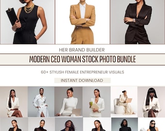 May include: A collection of images featuring women in professional attire. The images include women in suits, dresses, and business casual outfits. Text on the image reads "HER BRAND BUILDER", "MODERN CEO WOMAN STOCK PHOTO BUNDLE", "60+ STYLISH FEMALE ENTREPRENEUR VISUALS", and "INSTANT DOWNLOAD".