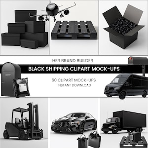 Puede incluir: Un conjunto de maquetas de clipart de envío negras, que incluyen una paleta, una caja, un buzón, una furgoneta, una carretilla elevadora, un coche, un camión y una bolsa de la compra. Las maquetas son perfectas para mostrar el embalaje y el proceso de envío de tu marca.