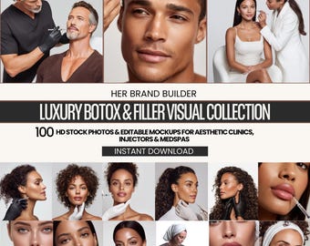 May include: A promotional image featuring a collection of photos related to cosmetic procedures. The image includes close-ups of faces, individuals receiving injections, and the text "LUXURY BOTOX & FILLER VISUAL COLLECTION" and "INSTANT DOWNLOAD".