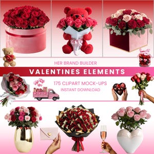 May include: A collection of Valentine's Day themed clipart graphics, including roses, teddy bears, chocolates, and champagne. The graphics are ideal for creating cards, invitations, and other Valentine's Day projects.