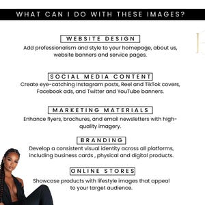 May include: A graphic with the text "WHAT CAN I DO WITH THESE IMAGES?" and five sections: Website Design, Social Media Content, Marketing Materials, Branding, and Online Stores. Each section describes how to use images for different purposes.