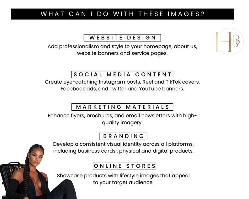 May include: A graphic with the text "WHAT CAN I DO WITH THESE IMAGES?" and five sections: Website Design, Social Media Content, Marketing Materials, Branding, and Online Stores. Each section describes how to use images for different purposes.