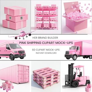 Puede incluir: Maquetas de clipart de envío rosa. Un conjunto de 60 maquetas de clipart para cajas de envío, palés, camiones y otros suministros de envío. Descarga instantánea.