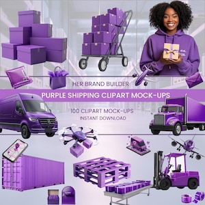 Puede incluir: Maquetas de clipart de envío púrpura para la creación de marca. Incluye una variedad de cajas de envío púrpuras, camiones, paletas y otros suministros de envío. 100 maquetas de clipart para descarga instantánea.