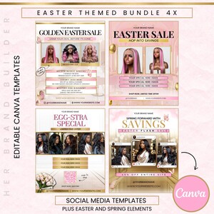 May include: Four pink and gold social media templates for an Easter sale. The templates feature images of women wearing wigs, flowers, and butterflies. The text on the templates includes "Golden Easter Sale", "Easter Sale", "Egg-Stra Special", and "Spring Forward with Savings".