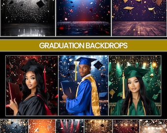 May include: A set of nine digital backdrops featuring a variety of graduation themes. The backdrops include confetti, lights, and a stage. The backdrops are perfect for graduation photos.