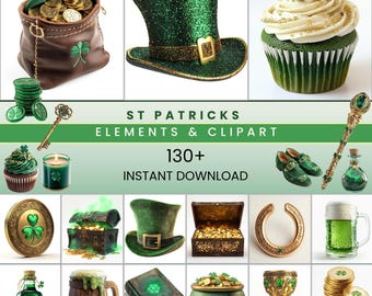 St. Patrick’s Day Clipart | 130+ Digital Elements | Shamrock Gold Coins Green Aesthetic | PNG Instant Download | Irish Graphics Set