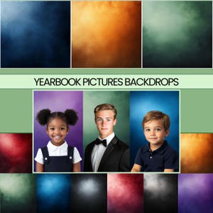 Può includere: Un set di 10 sfondi digitali per foto di annuario. Gli sfondi sono di vari colori, tra cui blu, verde, arancione, viola e rosso. Gli sfondi sono testurizzati e hanno un effetto morbido e sfocato.