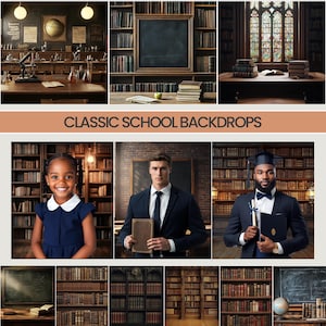 May include: A collage of nine images featuring different classic school backdrops. The images include a library with bookshelves, a classroom with a chalkboard, and a hallway with a stained glass window. The backdrops are perfect for photography and can be used for a variety of purposes, such as school portraits, graduation photos, or even just for fun.