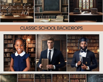 May include: A collage of nine images featuring different classic school backdrops. The images include a library with bookshelves, a classroom with a chalkboard, and a hallway with a stained glass window. The backdrops are perfect for photography and can be used for a variety of purposes, such as school portraits, graduation photos, or even just for fun.