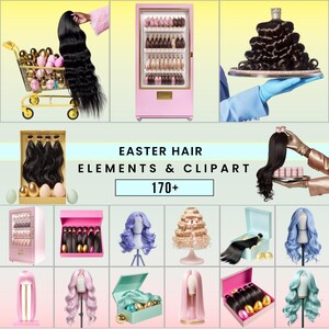 Påskhårelement och clipartpaket | 170+ digitala hårgrafik | Peruk-PNG, hårförlängningar, skönhetsestetik, pastellfärgade hårmockups