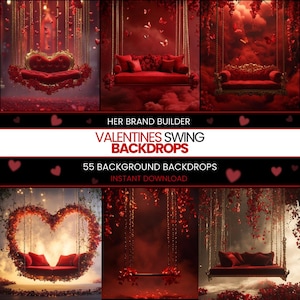 May include: A set of 55 digital Valentine's Day swing backdrops featuring a red velvet heart-shaped swing with gold accents. The backdrops are perfect for creating romantic and festive photoshoots.