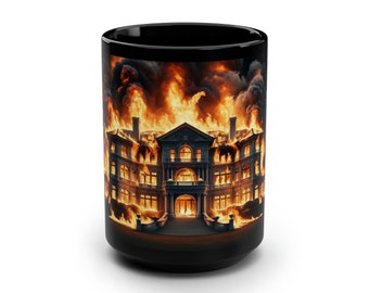 Burning Mansion, Schwarzer Becher, 15oz | Kreative Geschenke | Lustige Tasse | Lustige Geschenke | Geschenke für Mitarbeiter | Boss Geschenk | Freund Geschenk
