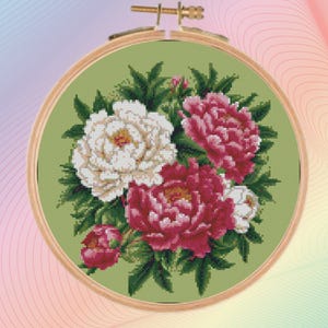 Peonies cross stitch pattern PDF, cross stitch pattern flowers, cross stitch pattern Peony, modern cross stitch