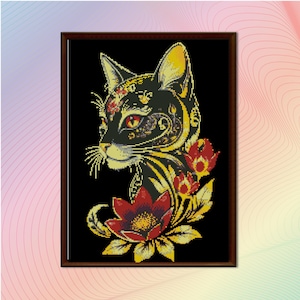 Cat cross stitch pattern PDF, cross stitch pattern mandala cat, cross stitch pattern floral cat, black cross stitch