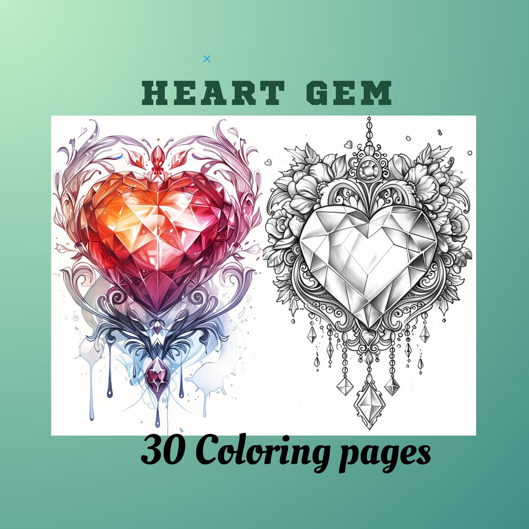 30 Heart Gem, Coloring Grayscale Pages, Coloring Pages for Adults and ...