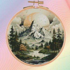 Mountain Landscape cross stitch pattern PDF, cross stitch pattern Mountains, cross stitch pattern Seascape,  Modern cross stitch
