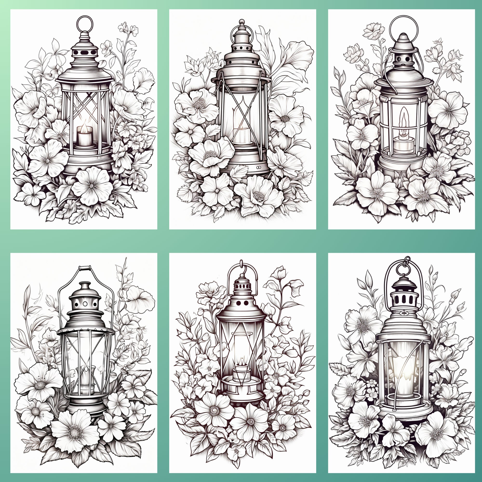 30 Vintage Lantern and Flowers, Coloring Grayscale Pages, Coloring ...