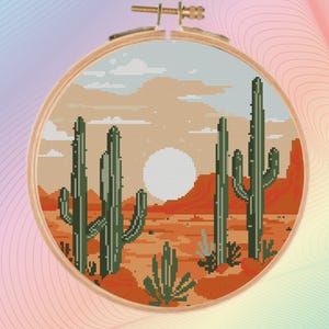 Desert Landscape cross stitch pattern PDF, cross stitch pattern Sunset, cross stitch pattern Cactus,  Modern cross stitch