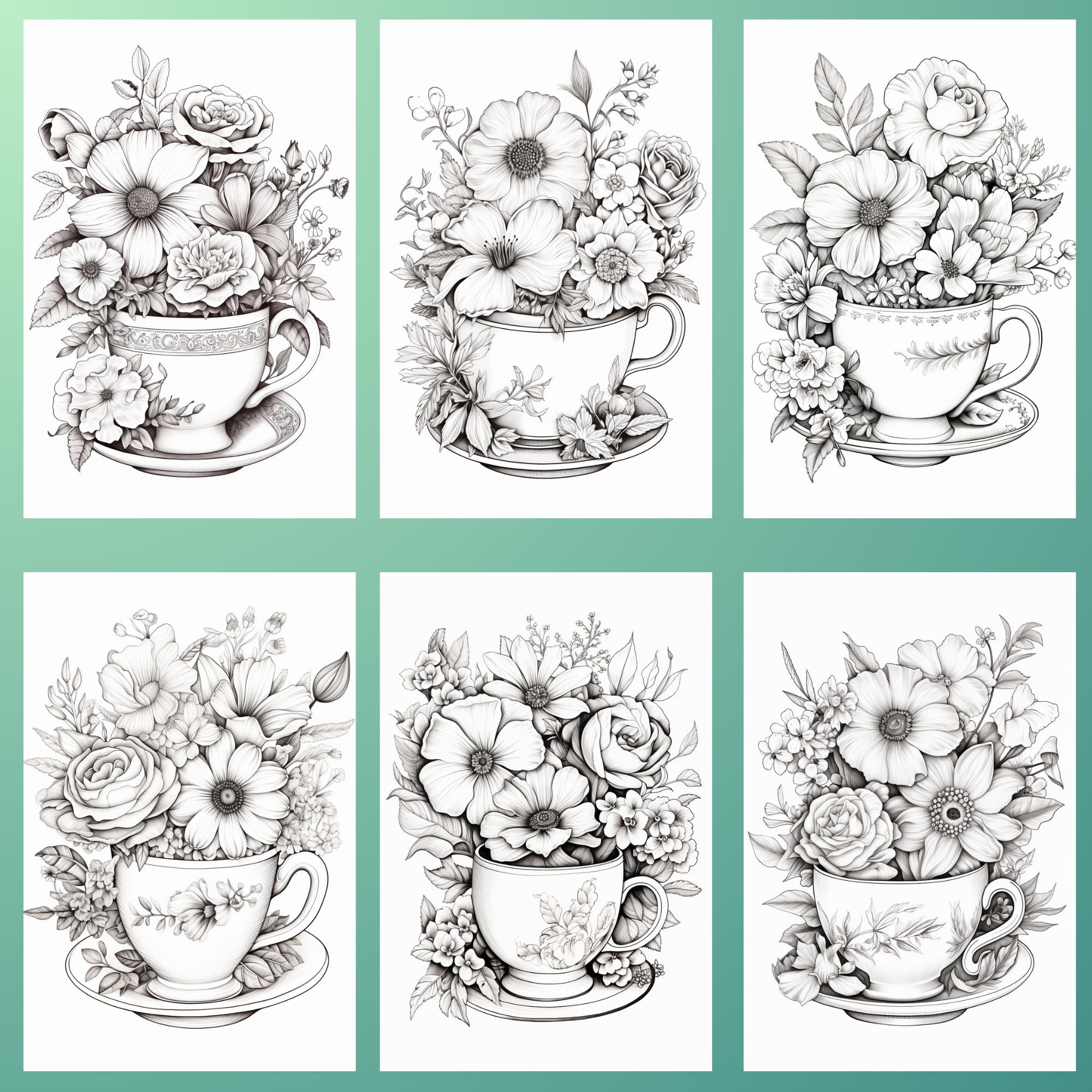 30 Teacup and Flowers, Coloring Pages, Coloring Book for Kids and ...