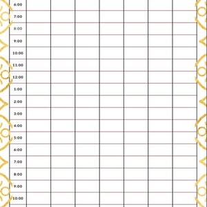 May include: A weekly work scheduler with a gold floral design border. The scheduler is divided into days of the week, with hours listed from 6:00 AM to 12:00 PM.