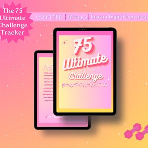 Könnte beinhalten: Ein digitaler Download eines 75 Ultimate Challenge-Guides, der auf einem Tablet-Bildschirm angezeigt wird. Der Leitfaden ist rosa und gelb mit dem Text "75 Ultimate Challenge" und "Your guide to your greatness".