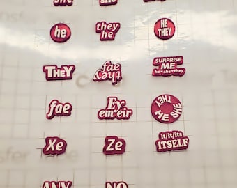 Acrylic Pronoun Pins (they, she, he, fae, it, ze, xe, ey, any, no pronouns, custom)