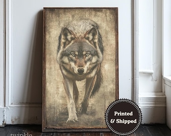 Sztuka z wilkami w stylu vintage, antyczny wystrój domu z dziką przyrodą, plakat z nastrojową chatą, rustykalny wydruk ścienny z motywem wiejskiego domu, obraz leśny, wydruk i wysyłka