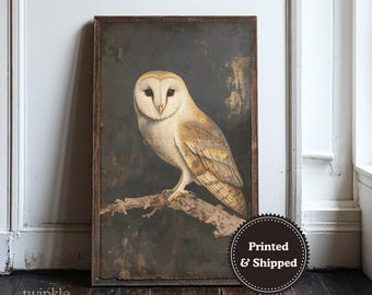 Decorazione murale vintage con gufo, arredamento per la casa Dark Academia, poster Moody Nature, stampa di uccelli gotici neutri, dipinto di animali selvatici, stampato e spedito
