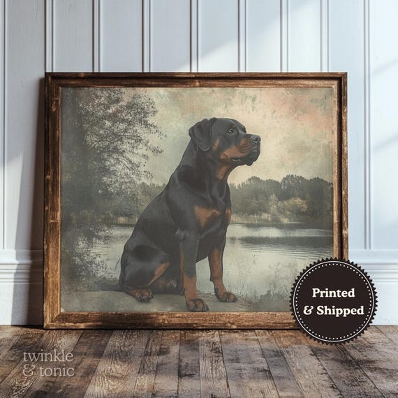 Rottweiler Art Print, Moody Nature Poster, Rottie Dog Mom Gift, Dark Academia Painting, Vintage Lakehouse Cabin Decor, Printed and Shipped