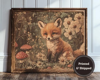 Vintage Baby Fox Print, Girls Nursery Decor, Rustic Baby Room Poster, Antique Kids Bedroom Art, Cottagecore Painting, Printed and Shipped