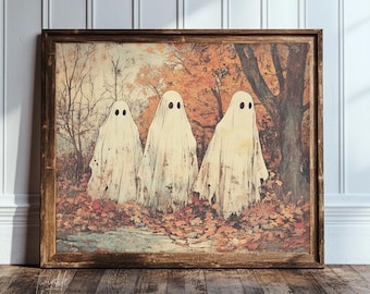ヴィンテージゴーストプリント、ムーディーなハロウィン絵画、素朴な農家風装飾、不気味な秋のアート、ダークアカデミアの秋のポスター、印刷済み、発送済み