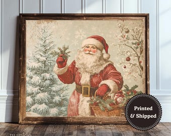 Vintage kerstmanschilderij, rustieke vakantiemuurkunst, boerderijprint, kersthuisdecoratie, gezellige winterposter, gedrukt en verzonden