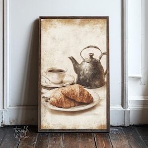 French Breakfast Kitchen Poster, Farmhouse Decor, Vintage Still Life Painting, Moody Wall Art, Country Cottage Print, Printed and Shipped
