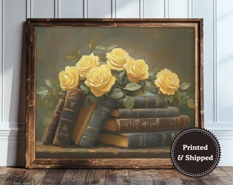 Books and Flowers Print, Moody Bookworm Poster, Vintage Library Painting, Cozy Cottagecore Decor, Dark Academia Art, Printed and Shipped