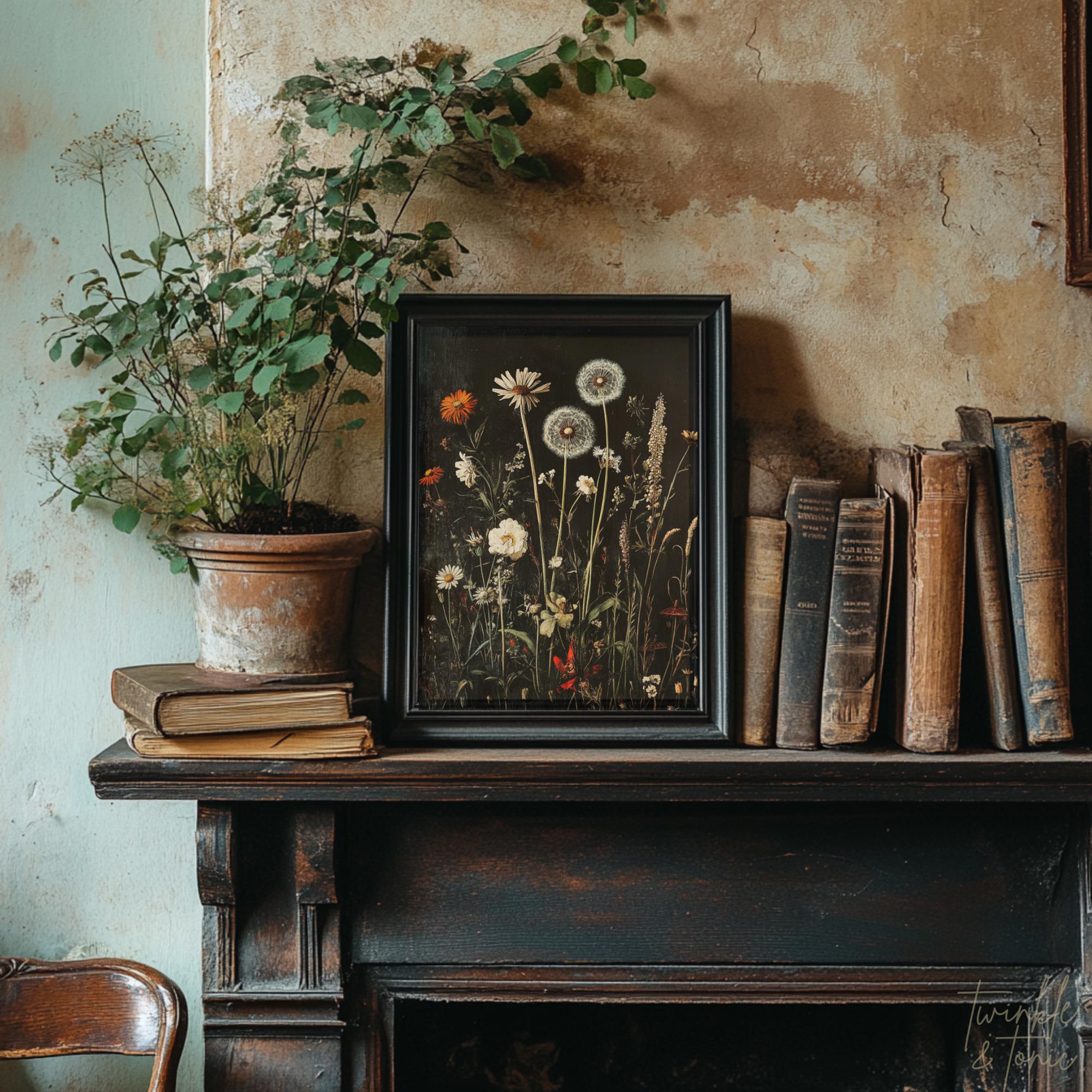 Vintage Dandelion Poster, Rustic Wildflower Art, Dark Academia Painting ...