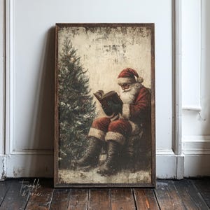 Vintage Santa Claus Wall Print, Santa Reading Book, Cozy Christmas Decor, Rustic Holiday Decor, Moody Christmas Print, Printed and Shipped