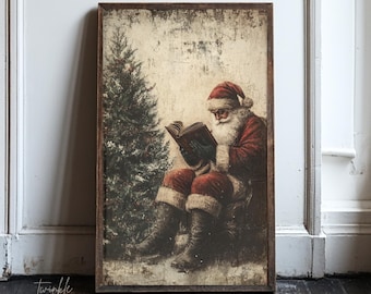 Vintage kerstman muurprint, kerstman leesboek, gezellig kerstdecor, rustiek vakantiedecor, humeurige kerstprint, gedrukt en verzonden
