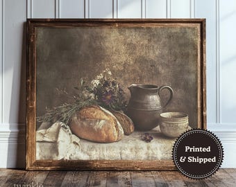 Country Kitchen Wall Art, Farmhouse Home Decor, Vintage Floral Poster, Still Life Print, Rustic Sourdough Painting, Printed and Shipped