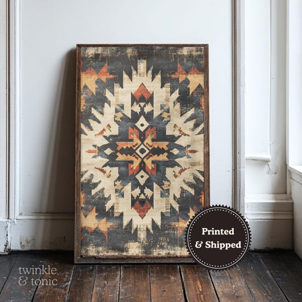 Vintage Southwestern Art, Rustic Lodge Poster, Boho Farmhouse Decor, Rustic Western Art, Antique Aztec Textile Painting, Printed and Shipped