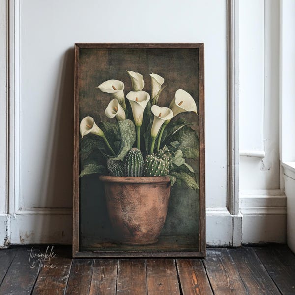 Vintage Calla Lily and Cactus Print, Mexican Home Decor, Dark Academia Print, Moody Floral Poster, Rustic Still Life Art Printed and Shipped