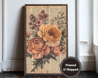 Flower Dictionary Print, Vintage Roses Poster, Book Lover Gift, Antique Country Cottagecore Painting, Neutral Wall Art, Printed and Shipped