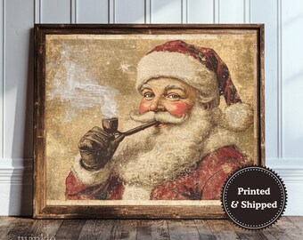 Vintage kerstmanschilderij, rustieke vakantiemuurkunst, boerderijprint, kersthuisdecoratie, gezellige winterposter, gedrukt en verzonden