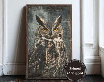 Decorazione murale vintage con gufo, arredamento per la casa Dark Academia, poster Moody Nature, stampa di uccelli gotici neutri, dipinto di animali selvatici, stampato e spedito
