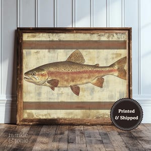 Vintage Trout Print, Boys Room Painting, Rustic Farmhouse Home Decor, Muted Cabin Lodge Art, Man Cave Fish Poster, Printed and Shipped