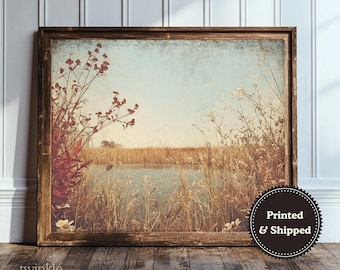 Autumn Landscape Print, Moody Fall Painting, Rustic Farmhouse Decor, Muted Autumn Field Art, Vintage Pastoral Poster, Printed and Shipped