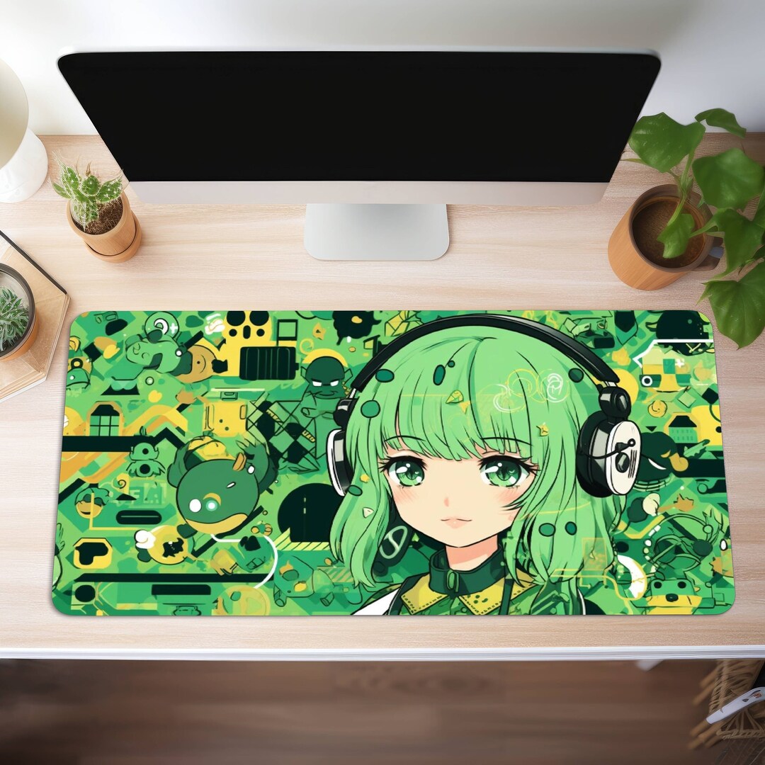 Green Japanese Anime Gamer Girl Desk Mat, Aesthetic Anime Mat, Large