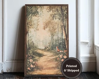 Enchanted Forest Art Print, Moody Whimsical Woodland Poster, Boho Nature Painting, Vintage Cozy Cottagecore Decor, Printed and Shipped